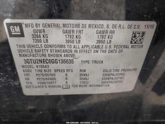 3GTU2NEC6GG136635 GMC Sierra 1500 Slt