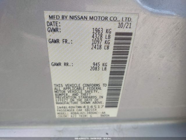 1N4BL4DV7MN414517 Nissan Altima Sv Fwd