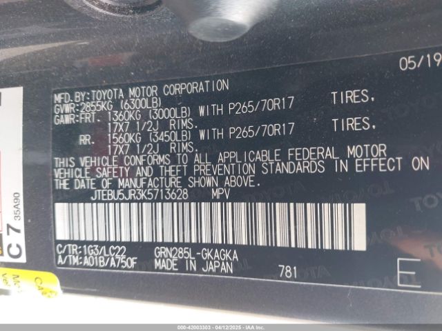 JTEBU5JR3K5713628 Toyota 4runner Trd Off Road Premium