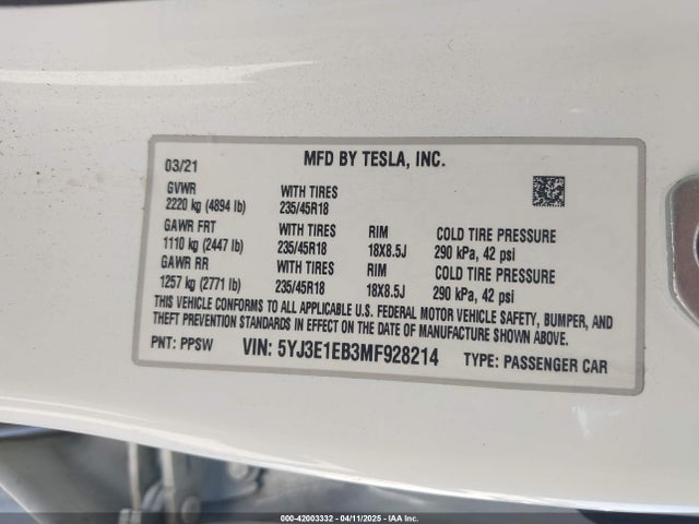 2021 TESLA MODEL 3 5YJ3E1EB3MF928214 Photo 8