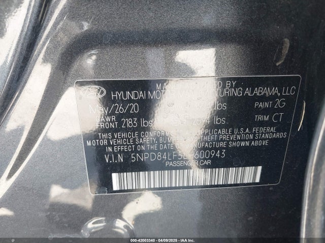 5NPD84LF5LH600943 Hyundai mpi nu