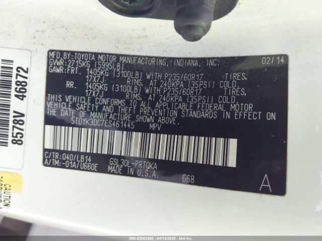 5TDYK3DC7ES461445 Toyota Sienna Xle V6 8 Passenger