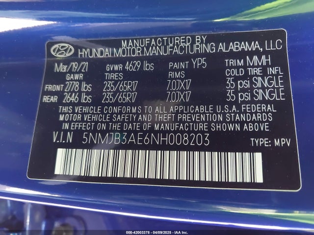5NMJB3AE6NH008203 Hyundai TUCSON SEL