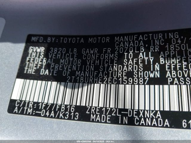 2T1BURHE2EC159987 Toyota COROLLA LE