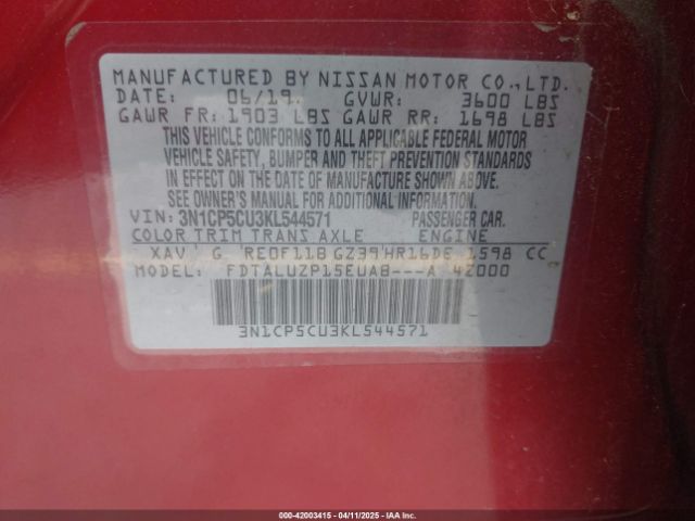 3N1CP5CU3KL544571 Nissan KICKS SR