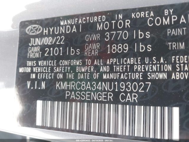KMHRC8A34NU193027 Hyundai Venue Limited