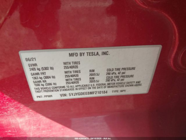 2021 TESLA MODEL Y 5YJYGDEE8MF210184 Photo 8