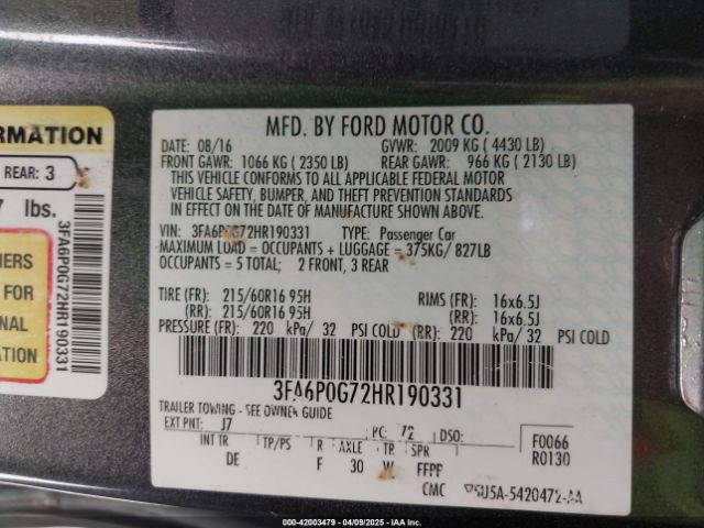 3FA6P0G72HR190331 Ford FUSION S