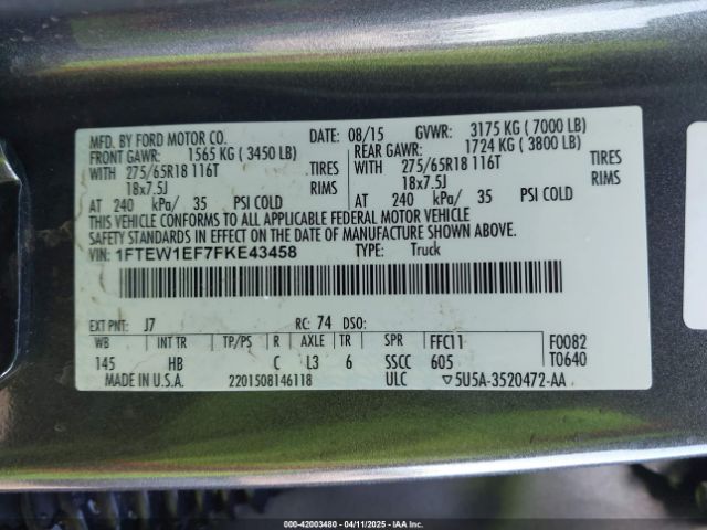 1FTEW1EF7FKE43458 Ford F-150 Lariat