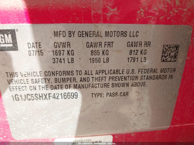 1G1JC5SHXF4216699 Chevrolet luw