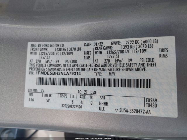 1FMDE5BH3NLA79314 Ford Bronco Black Diamond