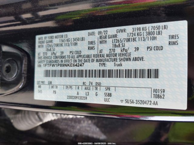 1FTFW1P89NKE64247 Ford F-150 Police Responder Xl