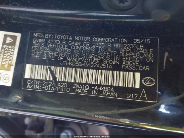JTHKD5BH3F2242516 Lexus CT 200H