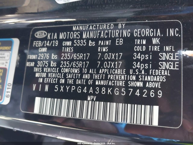 5XYPG4A38KG574269 KIA Sorento 2.4l Lx