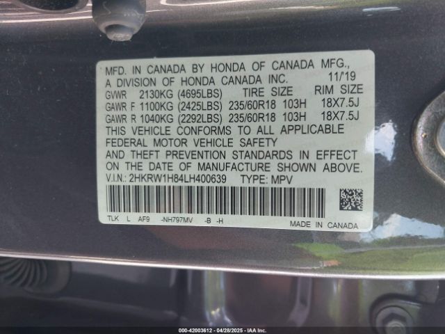 2HKRW1H84LH400639 Honda Cr-v 2wd Ex-l