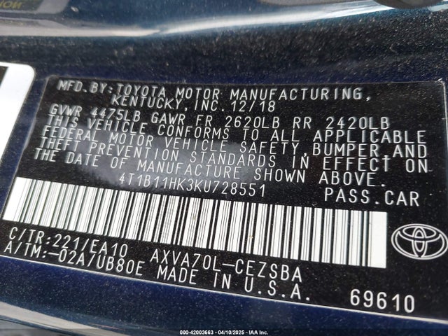 4T1B11HK3KU728551 Toyota CAMRY SE
