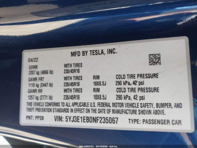 2022 TESLA MODEL 3 5YJ3E1EB0NF235067 Photo 8