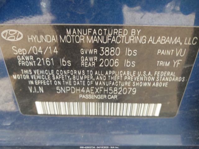 5NPDH4AEXFH582079 Hyundai ELANTRA SE