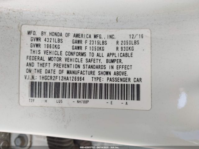 1HGCR2F12HA126964 Honda Accord Sport Se