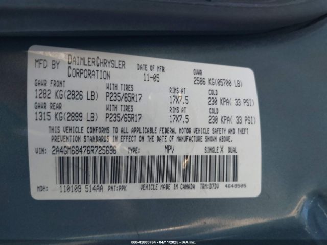 2006 CHRYSLER PACIFICA 2A4GM68476R725696 Photo 8