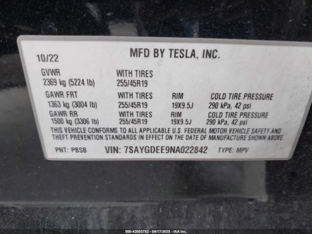 2022 TESLA MODEL Y 7SAYGDEE9NA022842 Photo 8
