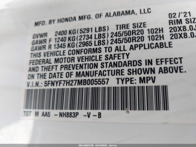 5FNYF7H27MB005557 Honda Passport 2wd Sport