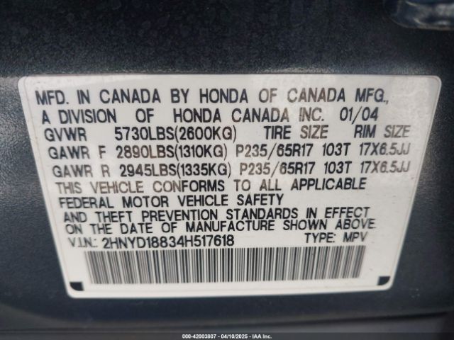 2004 ACURA MDX 2HNYD18834H517618 Photo 8
