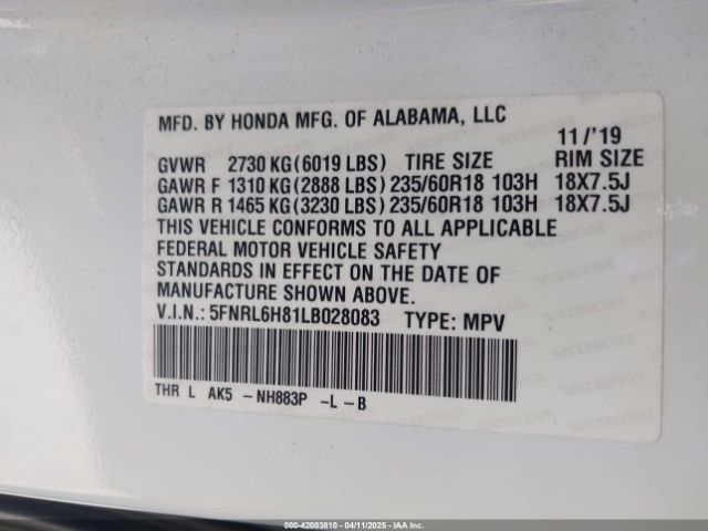 5FNRL6H81LB028083 Honda Odyssey Touring