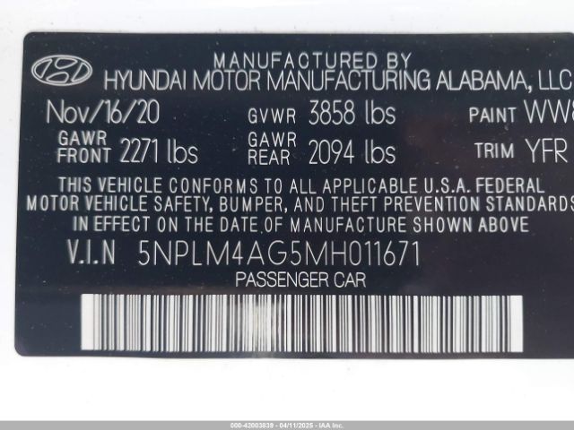 5NPLM4AG5MH011671 Hyundai ELANTRA SEL