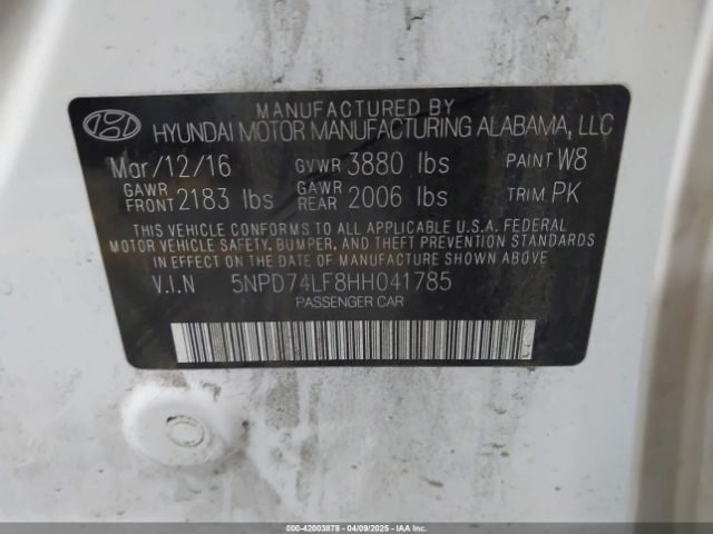 5NPD74LF8HH041785 Hyundai ELANTRA SE