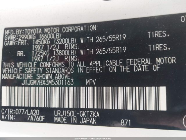 JTJGM7BX3M5301163 Lexus Gx 460 Luxury