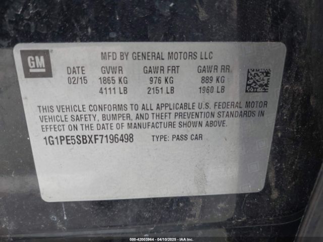1G1PE5SBXF7196498 Chevrolet Cruze 2lt Auto