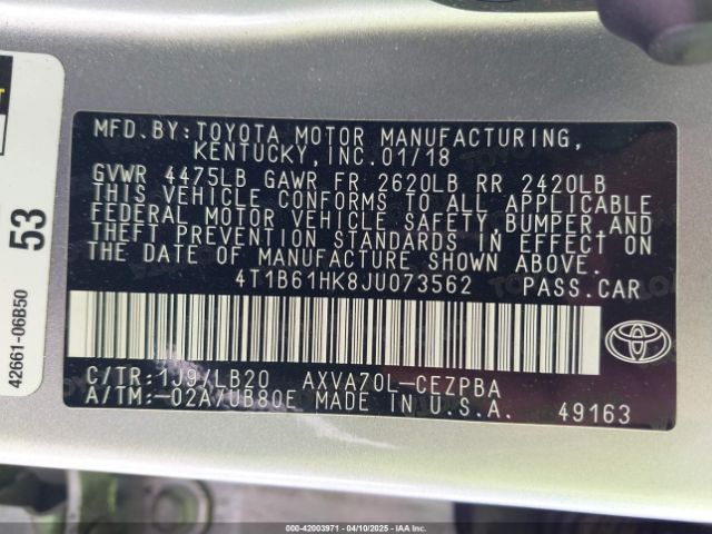 4T1B61HK8JU073562 Toyota CAMRY XSE