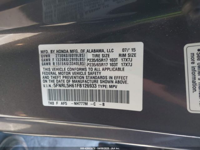 5FNRL5H61FB126933 Honda Odyssey Ex-l