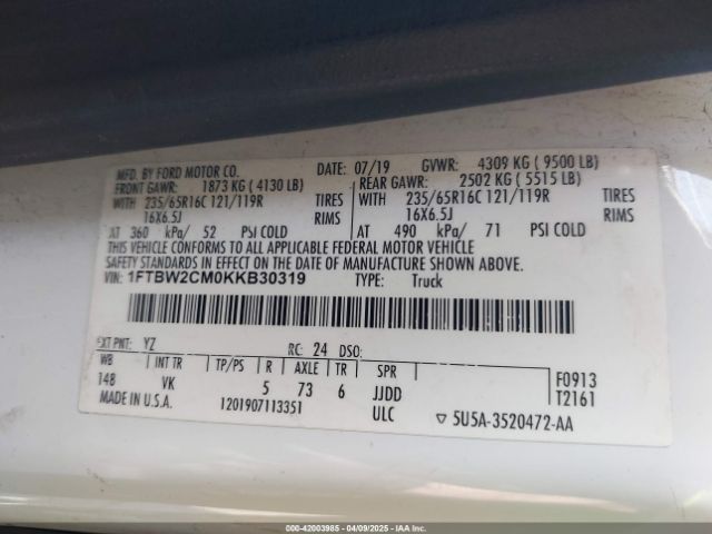 1FTBW2CM0KKB30319 Ford Transit-350
