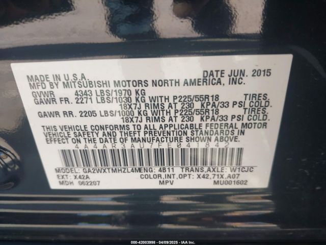 4A4AR3AU7FE041842 Mitsubishi Outlander Sport Es