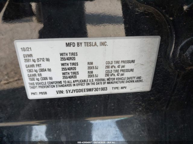 5YJYGDEE9MF301903 Tesla Model Y Long Range Dual Motor All-wheel Drive