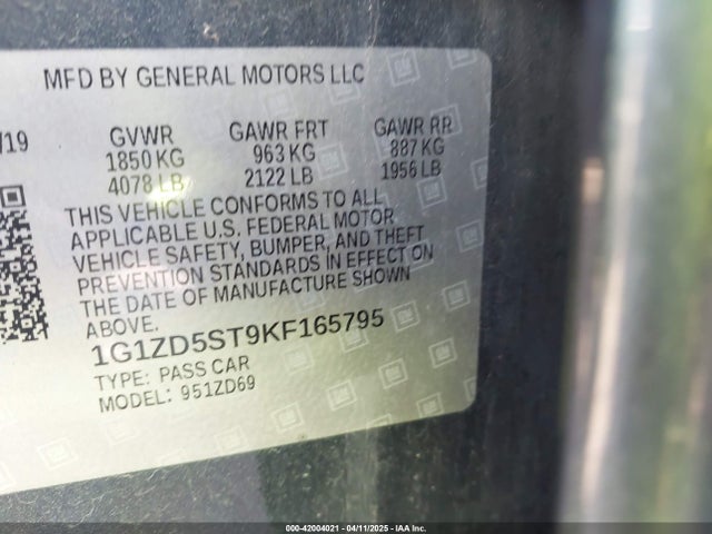 1G1ZD5ST9KF165795 Chevrolet MALIBU LT