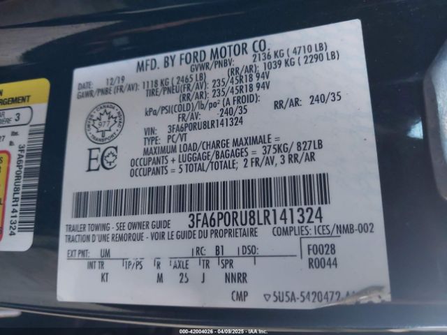 3FA6P0RU8LR141324 Ford Fusion Hybrid Titanium
