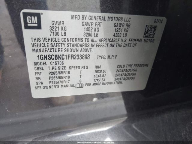 1GNSCBKC1FR233898 Chevrolet Tahoe Lt