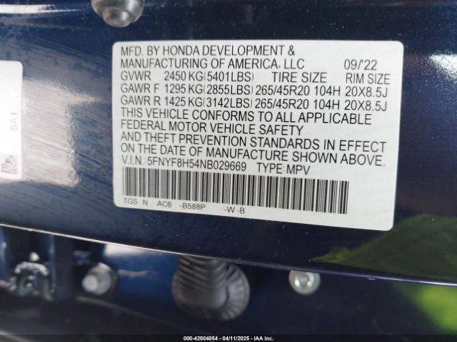 5FNYF8H54NB029669 Honda Passport Awd Ex-l