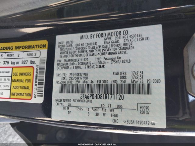 3FA6P0HD8LR171120 Ford FUSION SE