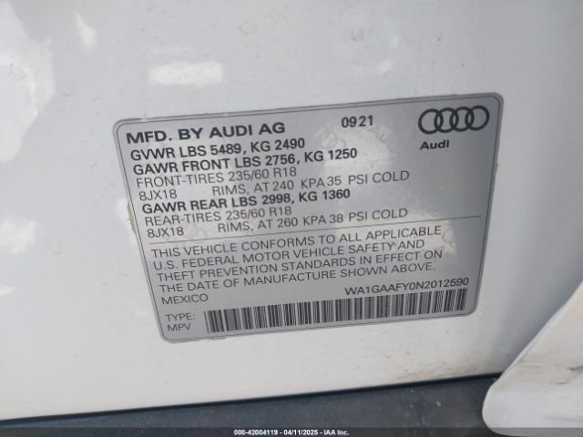 WA1GAAFY0N2012590 Audi Q5 Premium 45 Tfsi S Line Quattro S Tronic