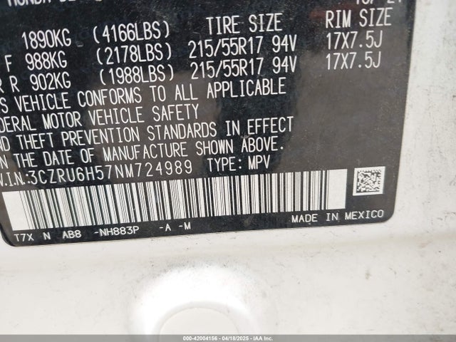 3CZRU6H57NM724989 Honda Hr-v Awd Ex