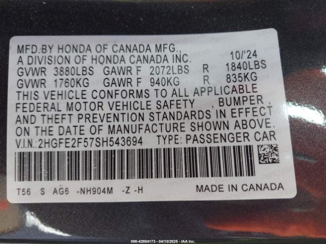 2HGFE2F57SH543694 Honda Civic Sport