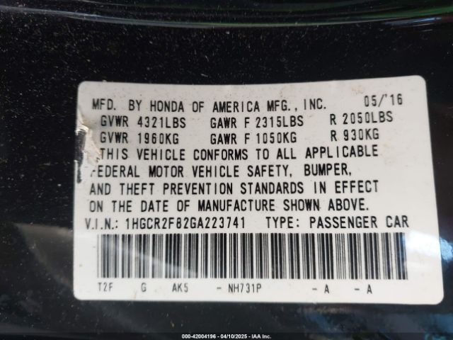 1HGCR2F82GA223741 Honda Accord Ex-l