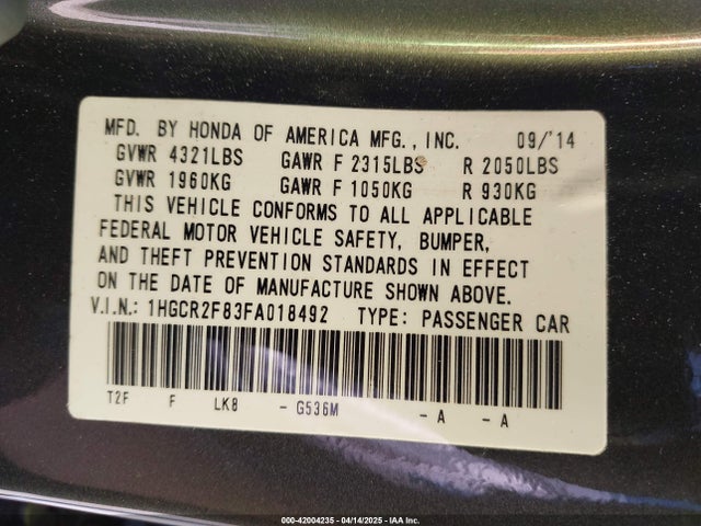 Honda Accord Ex-l 2015 1HGCR2F83FA018492 Image 9