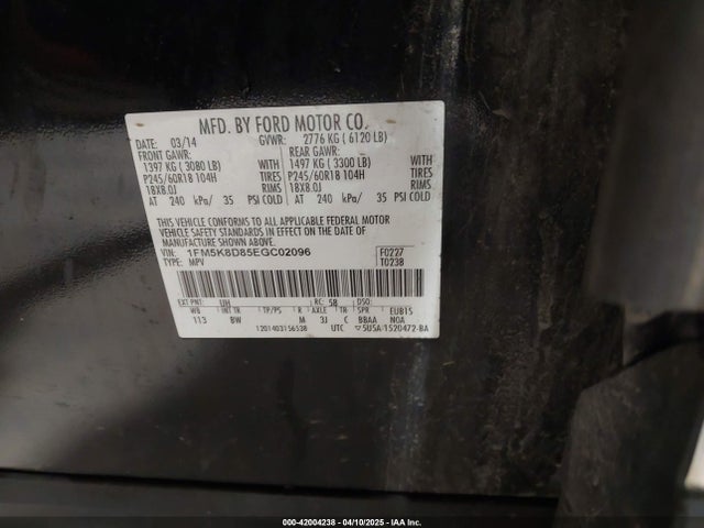 1FM5K8D85EGC02096 Ford EXPLORER XLT