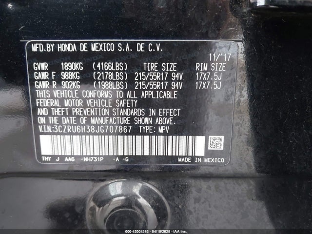 3CZRU6H38JG707867 Honda r18z9