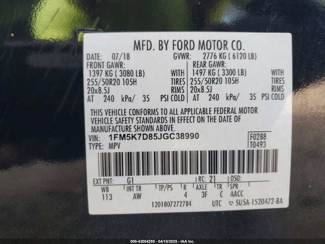 1FM5K7D85JGC38990 Ford EXPLORER XLT